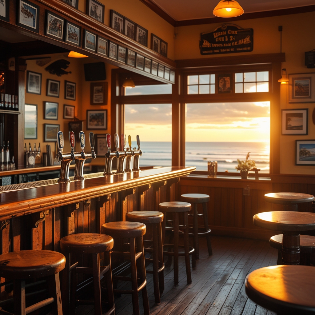 A coastal pub interior at golden hour